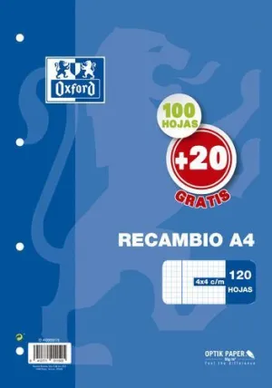 RECAMBIO 4 ANILLAS OXFORD 100 HOJAS A4 90 GRS.